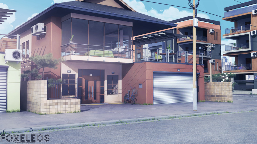 3d absurdres air_conditioner bicycle building commentary door english_commentary foxeleos garage grass highres house no_humans original outdoors power_lines road scenery shadow street utility_pole window