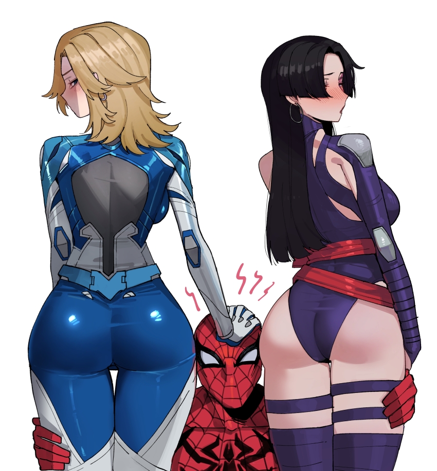 1boy 2girls absurdres ass ass_focus black_hair blonde_hair blue_bodysuit bodysuit breasts earrings fantastic_four from_behind grabbing_another&#039;s_ass groping highres hoop_earrings jewelry large_breasts leotard looking_back marvel marvel_rivals multiple_girls psylocke psylocke_(vengeance) purple_leotard purple_thighhighs ratatatat74 red_bodysuit red_sash sash simple_background spider-man_(series) spider-sense_(spider-man) spider_web_print superhero_costume thighhighs white_background x-men