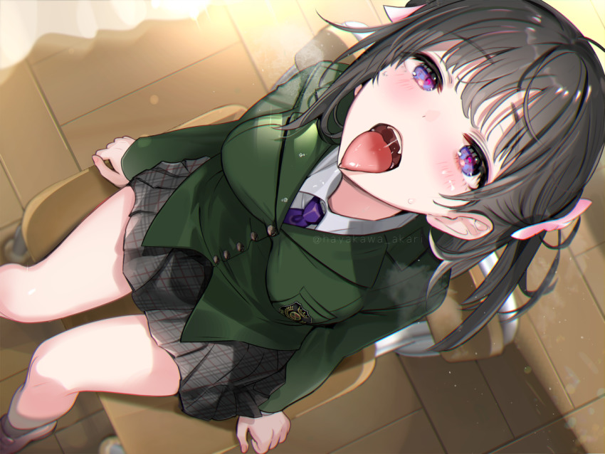 1girl black_hair blazer blouse breasts buttons chair collared_shirt from_above green_jacket grey_skirt hayakawa_akari jacket light_blush light_particles medium_breasts medium_hair necktie on_chair open_mouth original plaid_clothes plaid_skirt purple_eyes purple_necktie school_uniform shirt sitting skirt solo tongue tongue_out twitter_username white_shirt