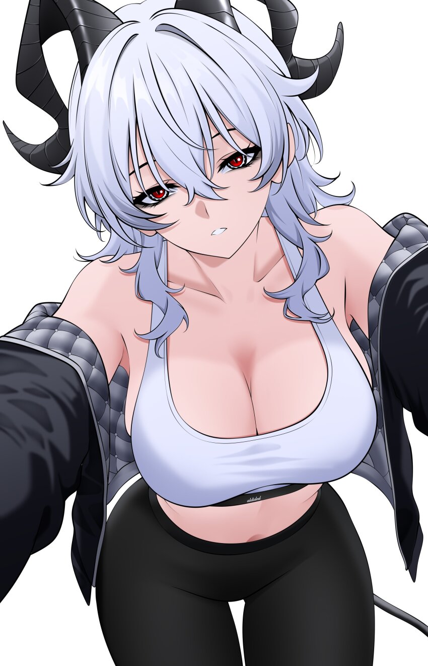 1girl absurdres aldided alternate_costume artist_name bags_under_eyes black_horns black_jacket black_pants breasts cleavage collarbone commentary cowboy_shot demon_horns hair_between_eyes highres horns jacket large_breasts leaning_forward long_hair looking_at_viewer midriff navel off_shoulder open_clothes open_jacket pants parted_lips red_eyes simple_background solo sports_bra tail thigh_gap tight_clothes tight_pants white_background white_hair wuthering_waves yoga_pants zani_(wuthering_waves)