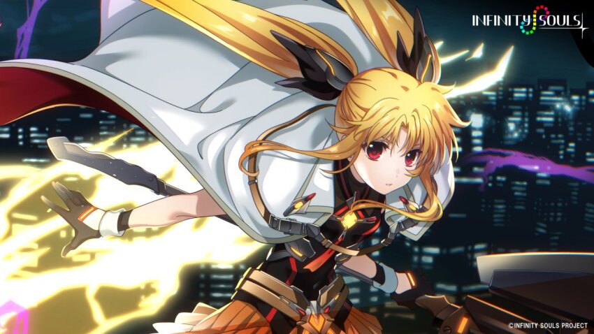 1girl bardiche_(nanoha) black_gloves blonde_hair building cloak fate_testarossa floating_cape gloves holding holding_weapon infinity_souls kawakami_shuuichi lightning lyrical_nanoha night official_art red_eyes skirt solo two-sided_cloak two-sided_fabric weapon white_cloak