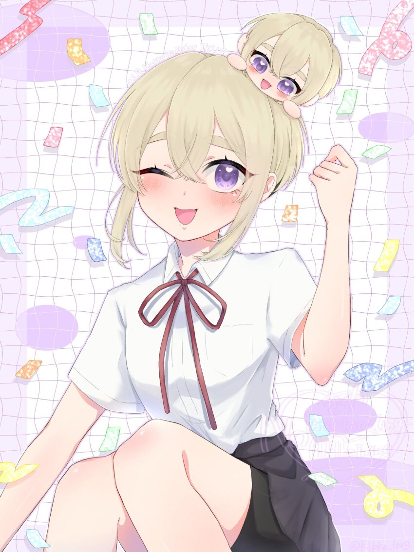 1girl ;d arm_up black_shorts black_skirt blonde_hair blush chibi chibi_on_head crossed_bangs hair_between_eyes heart heart_in_eye highres kikka_1003 kimi_no_koto_ga_dai_dai_dai_dai_daisuki_na_100-nin_no_kanojo looking_at_viewer neck_ribbon on_head one_eye_closed open_mouth purple_eyes red_ribbon ribbon school_uniform shirt short_hair short_sleeves shorts shorts_under_skirt sitting skirt smile sutou_iku symbol_in_eye white_shirt