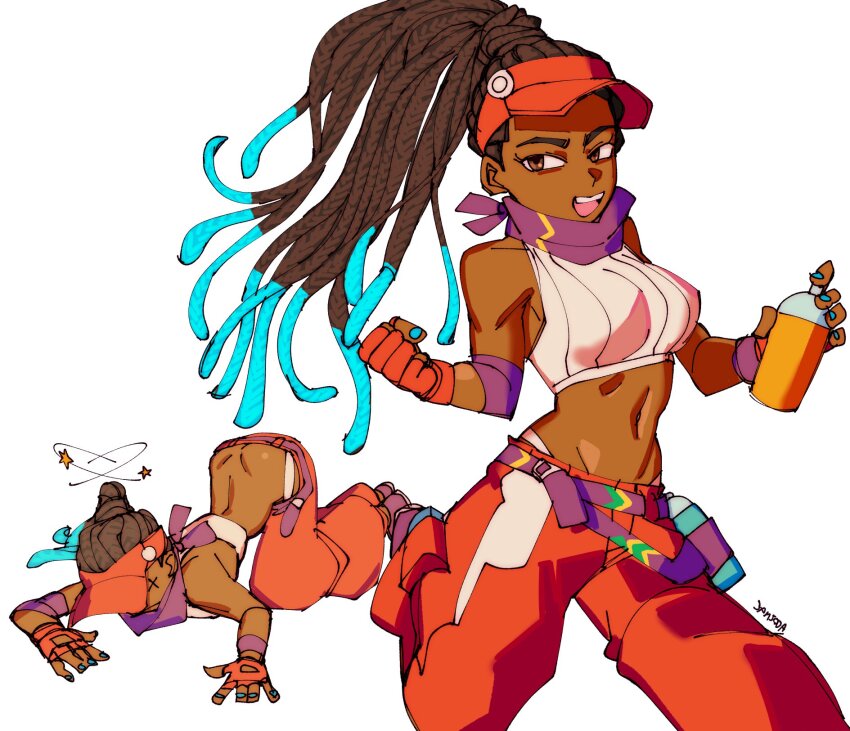 1girl 3amsoda ass bare_shoulders belt braid braided_ponytail breasts brown_eyes butt_crack dark-skinned_female dark_skin dizzy fingerless_gloves fingernails gloves highres kimberly_jackson knocked_down lying midriff navel official_alternate_costume on_ground open_mouth pants scarf shoes sneakers spray_can street_fighter street_fighter_6 top-down_bottom-up visor_cap