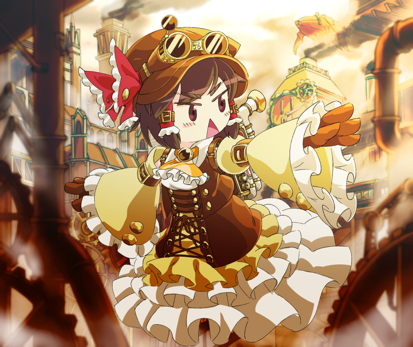 1girl aircraft alternate_costume ascot backpack bag blush bow brown_brooch brown_eyes brown_gloves brown_hair brown_hat brown_skirt brown_vest building cabbie_hat collared_shirt commentary_request cookie_(touhou) detached_sleeves dirigible fog frilled_ascot frilled_sleeves frills full_body gloves goggles goggles_on_headwear hair_tubes hakurei_reimu hat hat_bow highres industrial_pipe looking_afar looking_to_the_side open_mouth red_bow sakenomi_(cookie) shirt short_hair skirt smoke smokestack solo steam steampunk touhou triangle_mouth ukiwagirl v-shaped_eyes vest white_shirt wide_sleeves yellow_sleeves