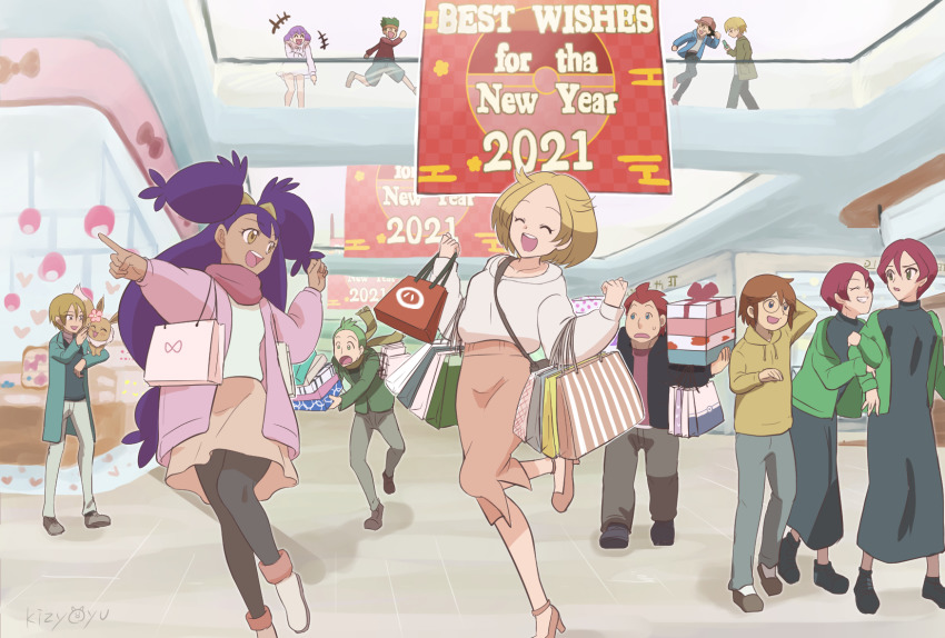 2021 5boys 6+girls :d :o alternate_costume artist_name ash_ketchum bag bianca_(pokemon) black_footwear blonde_hair bow brown_eyes brown_footwear burgundy_(pokemon) cameron_(pokemon) cilan_(pokemon) clone dark-skinned_female dark_skin disguised_zorua dress eevee english_text engrish_text gen_1_pokemon gen_5_pokemon georgia_(pokemon) green_hair green_jacket grey_pants hair_bow highres indoors iris_(pokemon) jacket kijouyu laughing long_hair luke_(pokemon) mall multiple_boys multiple_girls new_year nintendo open_mouth pants pantyhose pointing pokemon pokemon_(anime) pokemon_(creature) pokemon_bw purple_hair ranguage red_hair running scarf shopping shopping_bag smile standing standing_on_one_leg stephan_(pokemon) trip_(pokemon) very_long_hair virgil_(pokemon) zorua