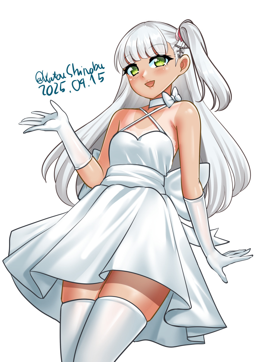 1girl absurdres anchor_hair_ornament blunt_bangs choker criss-cross_straps dress flat_chest gloves green_eyes hair_ornament hair_ribbon highres kantai_collection katou_shinobu long_hair maestrale_(kancolle) one-piece_tan one_side_up ribbon short_dress sleeveless sleeveless_dress solo tan tanline thighhighs white_choker white_dress white_gloves white_hair white_thighhighs