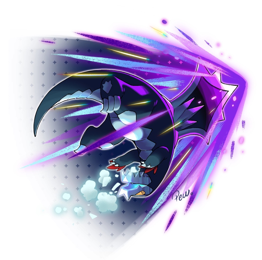 absurdres animal_focus artist_name baxcalibur claws commentary english_commentary full_body glaive_rush_(pokemon) highres nintendo no_humans outline pewzero pokemon pokemon_(creature) pokemon_focus pokemon_move scales solo tail upside-down white_background white_outline yellow_eyes