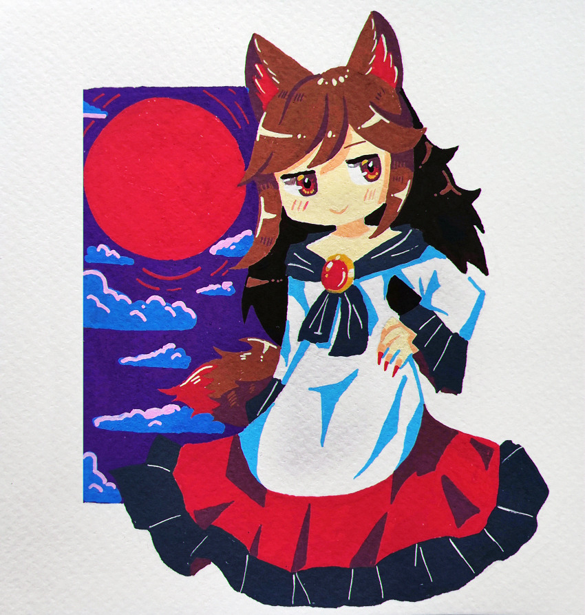 1girl absurdres animal_ears brooch brown_eyes brown_hair closed_mouth commentary_request dress dungeon_toaster fingernails frilled_dress frilled_sleeves frills hand_on_own_hip head_tilt highres imaizumi_kagerou jewelry light_smile long_fingernails long_sleeves looking_at_viewer medium_hair nail_polish red_brooch red_dress red_nails simple_background solo tail touhou traditional_media two-tone_dress white_background white_dress wolf_ears wolf_girl wolf_tail