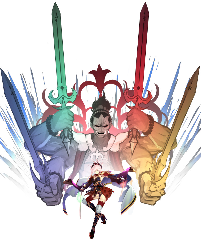 1boy 1girl absurdres armor armpits bead_bracelet beads black_gloves blue_eyes bracelet breasts cleavage dual_wielding elbow_gloves extra_arms fangs fate/grand_order fate_(series) gloves greaves high_heels highres holding i-pan jewelry katana leaf_print looking_at_viewer maple_leaf_print miyamoto_musashi_(fate) miyamoto_musashi_(third_ascension)_(fate) panties pink_hair ponytail red_panties red_thighhighs sash sheath sheathed simple_background smile sword thighhighs underwear weapon white_background white_gloves