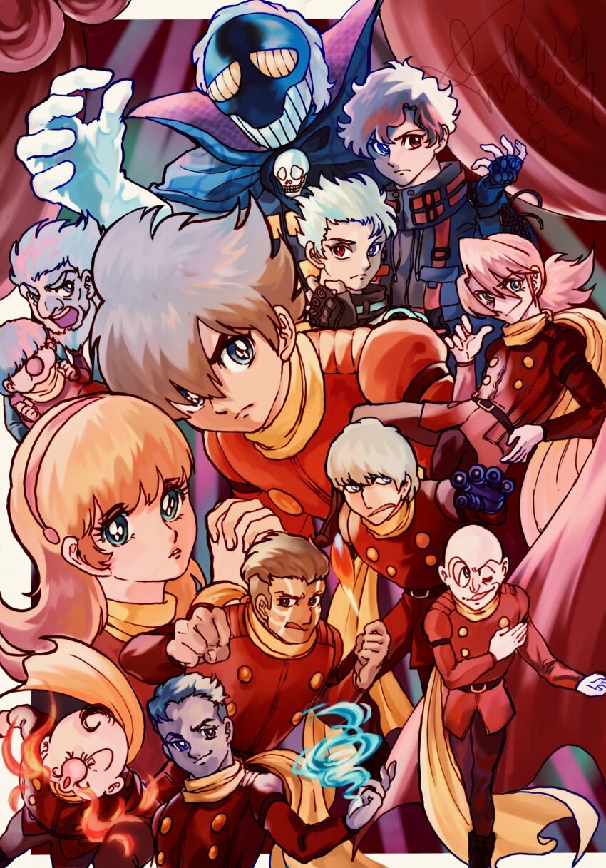 0010_(cyborg_009) albert_heinrich black_ghost blonde_hair chang_changku coat cyborg cyborg_009 francoise_arnoul geronimo_jr great_britain_(cyborg_009) hair_over_one_eye highres isaac_gilmore ivan_whisky jet_link long_hair pyunma red_coat scarf shimamura_joe yanaka_6009 yellow_scarf