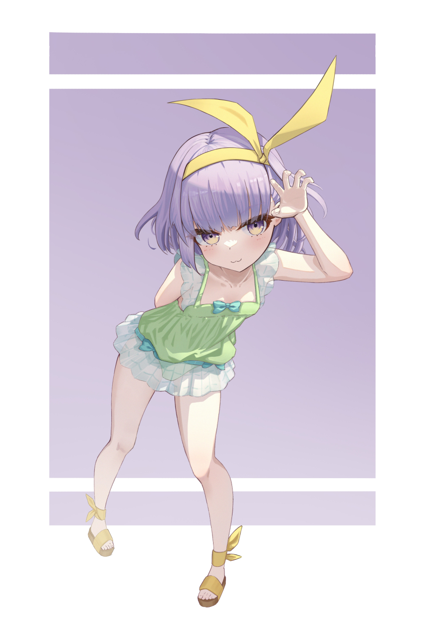 1girl absurdres arm_behind_back arm_up blue_bow bow bow_hairband claw_pose commentary_request fate/grand_order fate_(series) fingernails full_body green_one-piece_swimsuit hairband highres kapapapa25 kazuradrop_(fate) kazuradrop_(second_ascension)_(fate) one-piece_swimsuit purple_background purple_eyes purple_hair see-through_clothes see-through_skirt shoes simple_background skirt solo swimsuit swimsuit_skirt yellow_hairband yellow_shoes