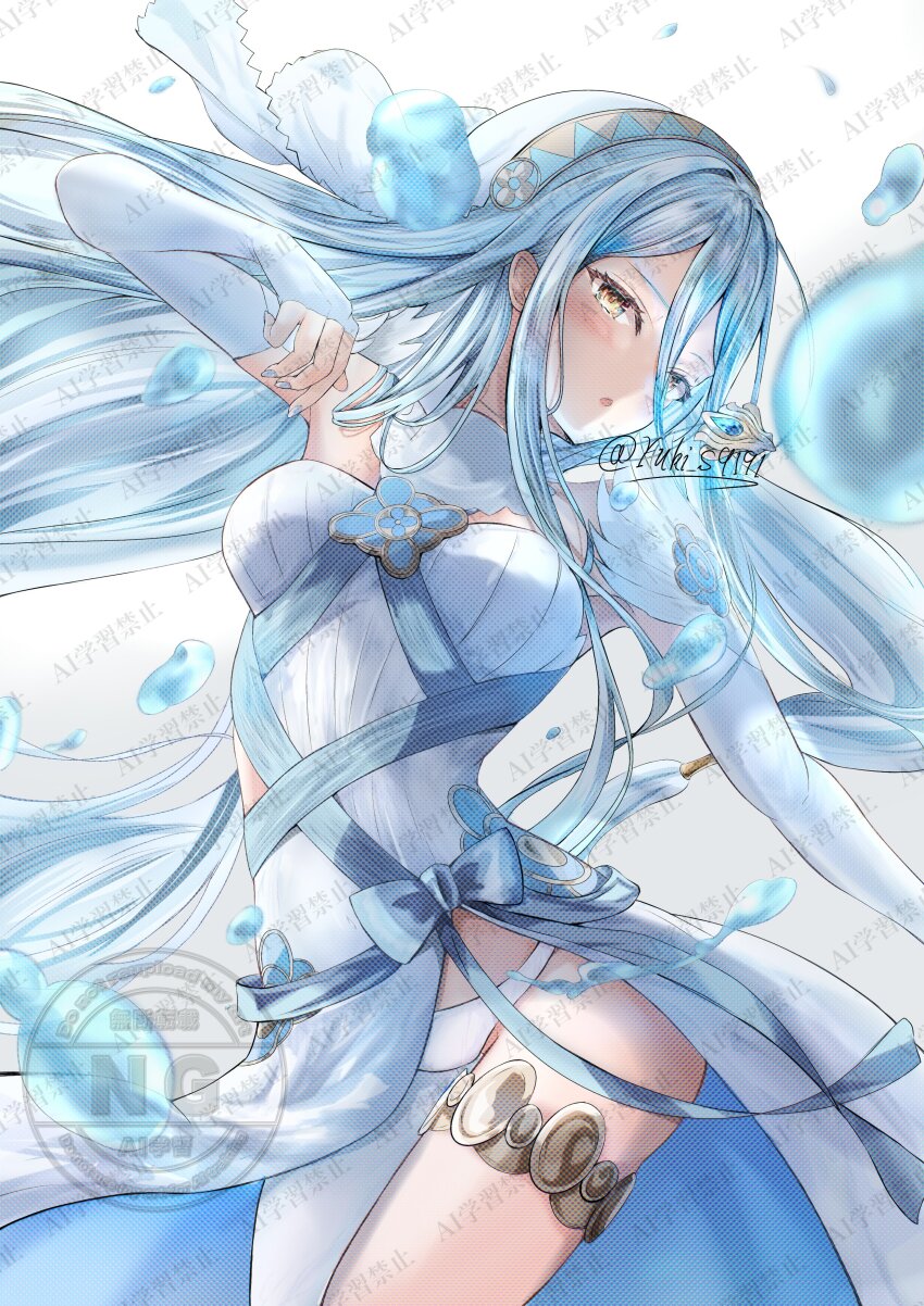 1girl absurdres azura_(fire_emblem) blue_hair breasts clothes_lift double-parted_bangs dress dress_lift elbow_gloves fingerless_gloves fire_emblem fire_emblem_fates floating_hair gloves hair_between_eyes hairband highres jewelry long_hair looking_at_viewer medium_breasts nintendo panties pendant signature solo thighs twitter_username underwear veil very_long_hair water_drop watermark white_dress white_panties yellow_eyes yuki_s9191