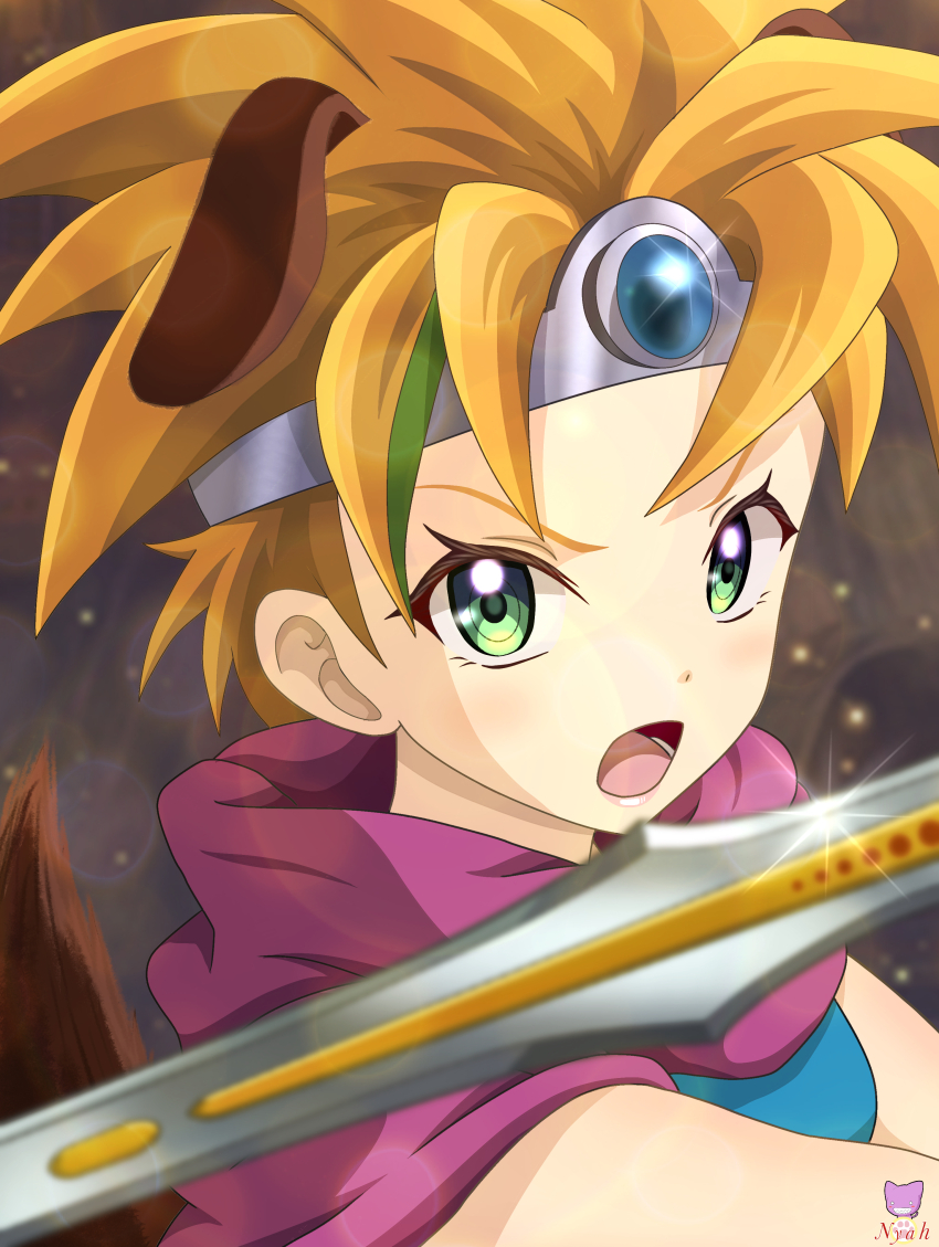 1girl absurdres animal_ears artist_name blue_dress blue_gemstone blurry blurry_foreground bubble cape circlet colored_eyelashes commentary_request cosplay dog_ears dog_girl dog_tail dragon_quest dragon_quest_iii dress erdrick&#039;s_sword gem green_eyes green_streaks heroine_(dq3) heroine_(dq3)_(cosplay) highres holding holding_sword holding_weapon indie_virtual_youtuber looking_at_viewer nyahoekaki1 open_mouth orange_hair pink_cape roto_(dq3) silver_circlet sleeveless sleeveless_dress sparkle spiked_hair sword tail upper_body virtual_youtuber wankowanwan weapon