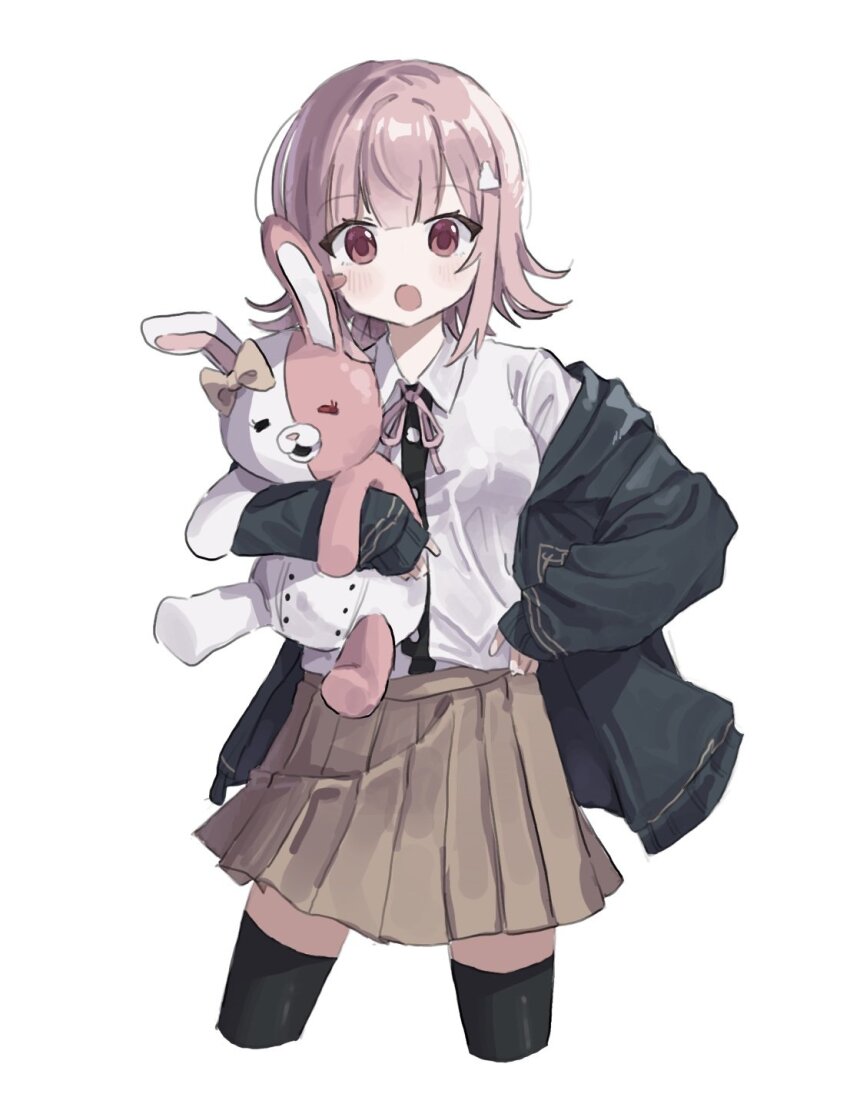 1girl alternate_hair_ornament blush bow breasts brown_hair collared_shirt danganronpa_(series) danganronpa_2:_goodbye_despair diaper ear_bow flipped_hair hair_ornament highres hood jacket long_sleeves looking_at_viewer medium_hair monomi_(danganronpa) nanami_chiaki neck_ribbon nyangpa_1223 open_clothes open_jacket pink_eyes pink_ribbon pleated_skirt ribbon shirt skirt solo thighhighs white_shirt