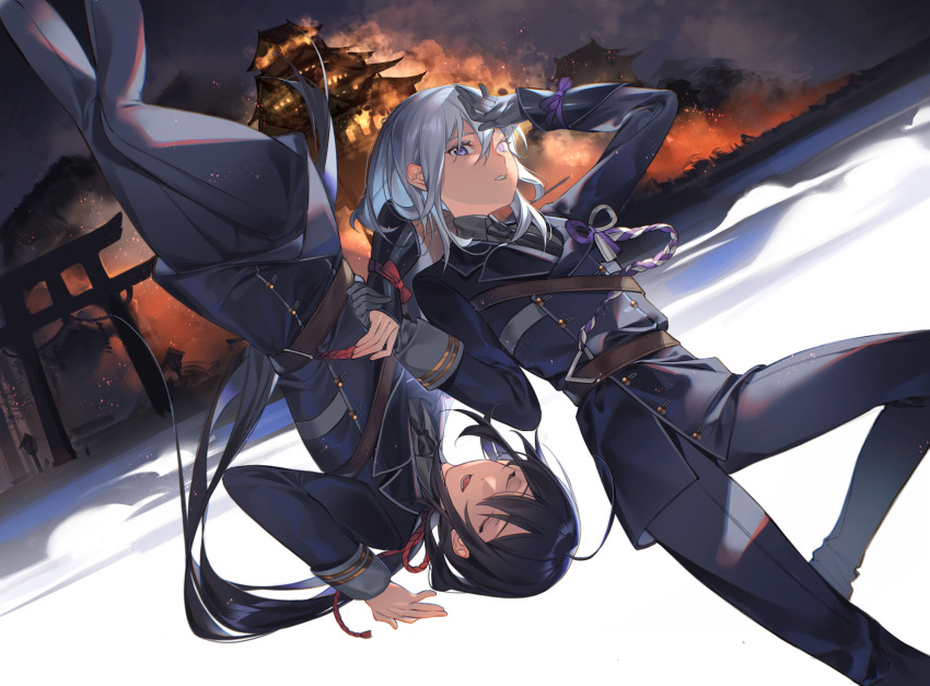 2boys absurdres ahoge black_hair building closed_eyes commentary_request embers feet_out_of_frame fire gloves grey_gloves hair_between_eyes highres holding_hands honebami_toushirou long_hair looking_at_viewer male_focus military military_uniform multiple_boys namazuo_toushirou nay_akane night open_mouth parted_lips purple_eyes silver_hair smoke touken_ranbu upside-down
