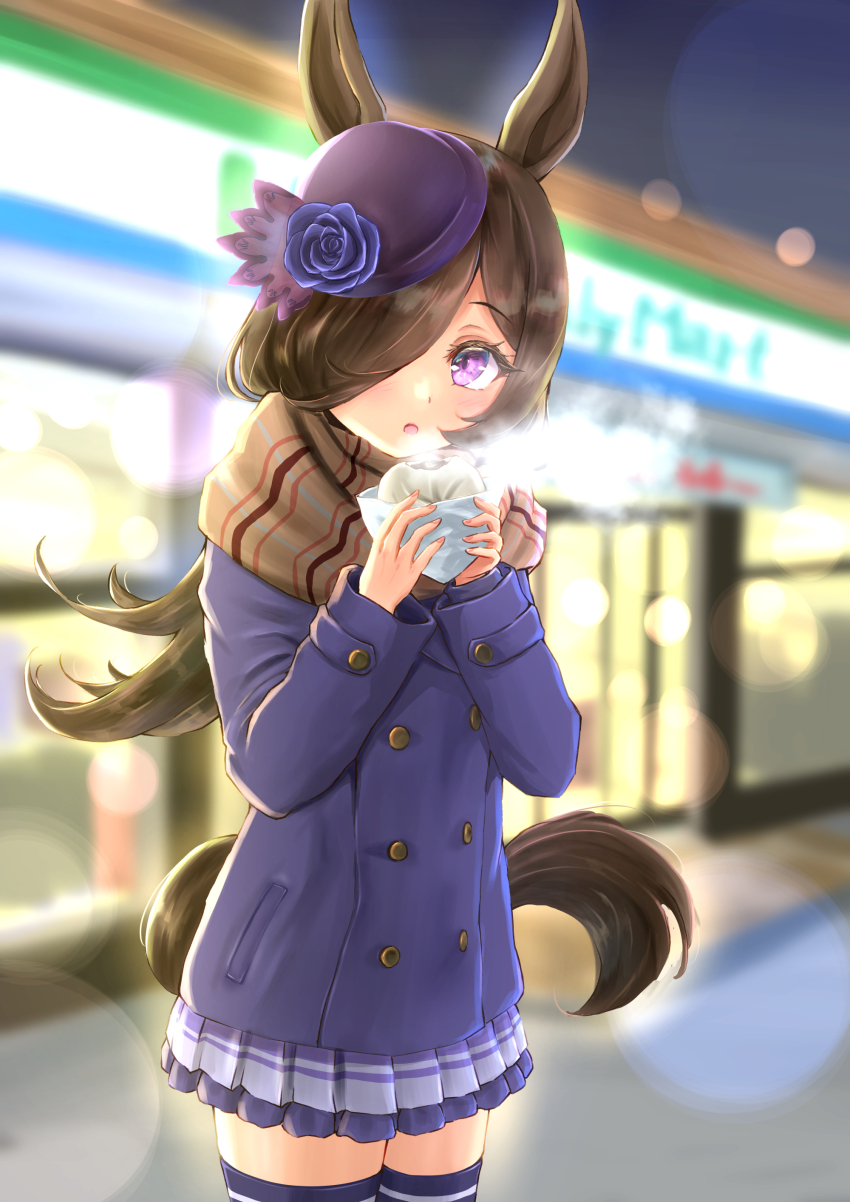 1girl absurdres animal_ears steamed_bun blurry blurry_background blush building coat convenience_store cowboy_shot eating familymart food hair_over_one_eye hat highres holding holding_food horse_ears horse_girl horse_tail long_sleeves looking_at_viewer night open_mouth outdoors pleated_skirt purple_eyes rice_shower_(umamusume) scarf shop skirt solo steam striped_clothes striped_scarf tail thighhighs umamusume yonatsu_yoshiaki
