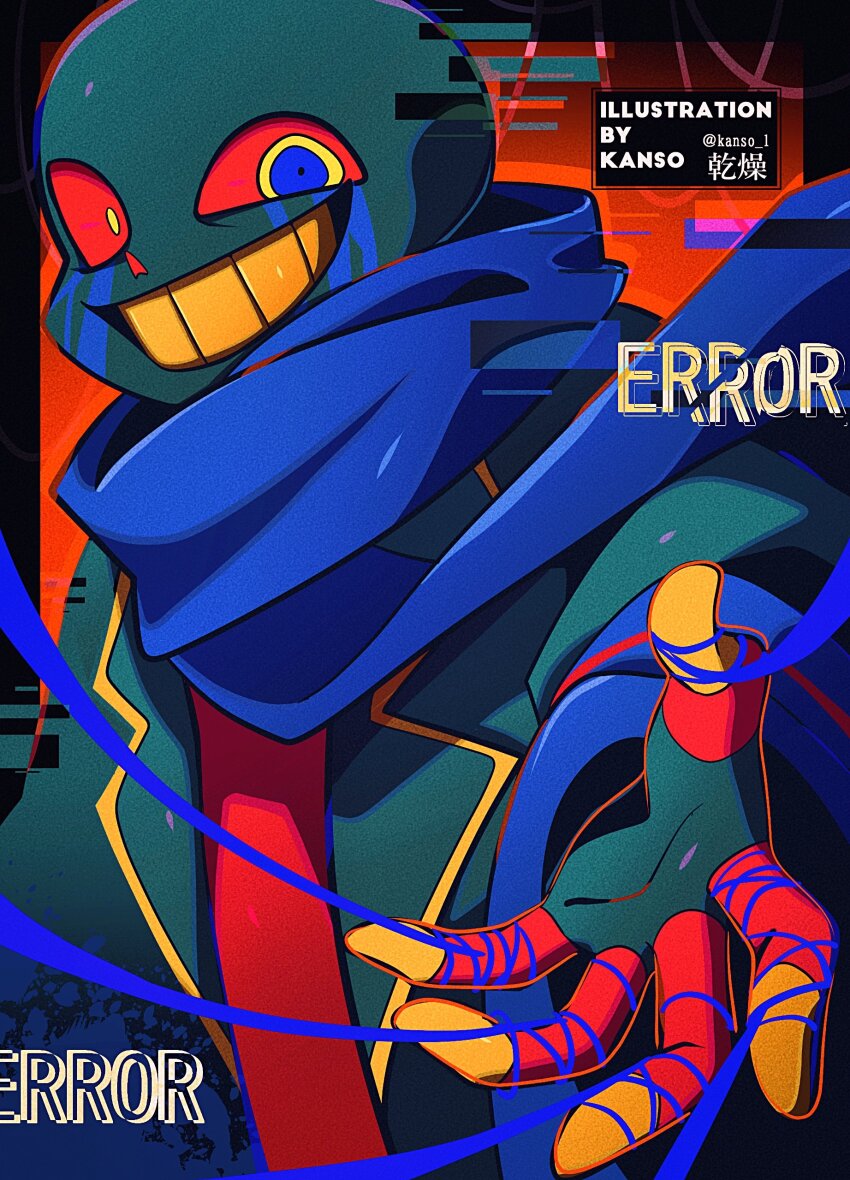 1boy absurdres alternate_universe artist_name black_border black_skin blue_eyes blue_scarf border coat colored_sclera colored_skin colored_teeth commentary_request foreshortening grin highres kansou_(kanso_1) long_sleeves multicolored_eyes open_clothes open_coat orange_skin orange_teeth orange_trim outside_border red_background red_sclera red_shirt red_skin sans_(undertale) scarf shirt skeleton smile solo twitter_username two-tone_eyes undertale upper_body yellow_eyes yellow_teeth