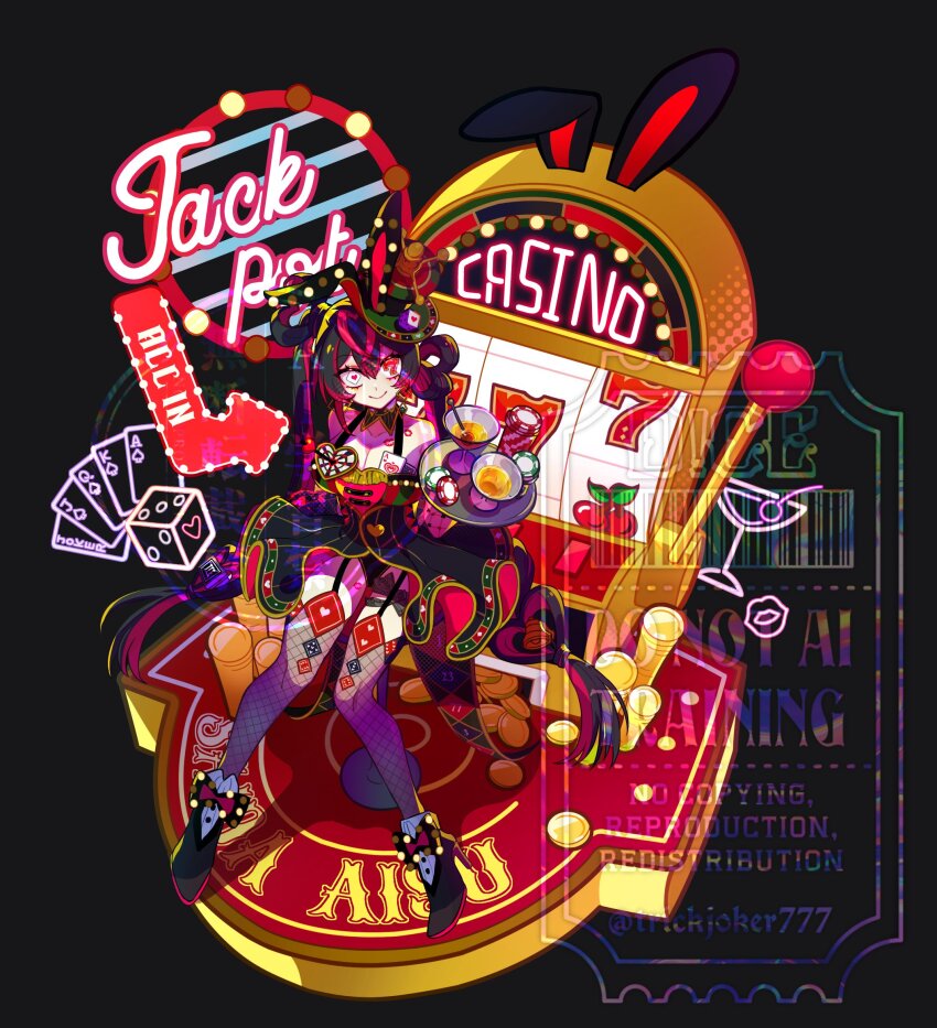 1girl 7_(number) ace_(playing_card) animal_ears arrow_(symbol) artist_name banknote black_background black_hair breasts card character_name cocktail_glass coin colored_shoe_soles commentary_request cup d!ce detached_collar diorama drinking_glass fishnet_thighhighs fishnets garter_straps hair_rings hat high_heels highres holding holding_tray indie_virtual_youtuber large_breasts lipstick_mark long_hair looking_at_viewer marquee_lights money multicolored_hair neon_sign object_in_bra official_art pale_skin playing_card poker_chip rabbit_ears red_hair roulette saida_aisu sitting slot_machine smile solo symbol_in_eye thighhighs thighs top_hat tray tucked_money twitter_username two-tone_hair wing_collar