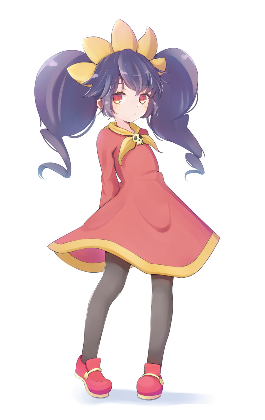 1girl arms_behind_back ashley_(warioware) black_pantyhose blush dress eyelashes full_body hairband highres jazz_grace long_hair looking_at_viewer nintendo orange_hairband pantyhose parted_lips purple_hair red_dress red_eyes red_footwear simple_background skull_ornament solo warioware white_background