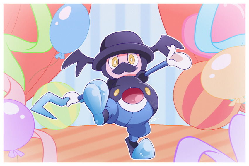 balloon border bright_pupils cane commentary_request dated facial_hair full_body gen_8_pokemon highres holding holding_cane leg_up mr._rime mustache nintendo ooyumi_higan48 pokemon pokemon_(creature) pokemon_focus signature solo standing standing_on_one_leg white_border white_pupils yellow_eyes