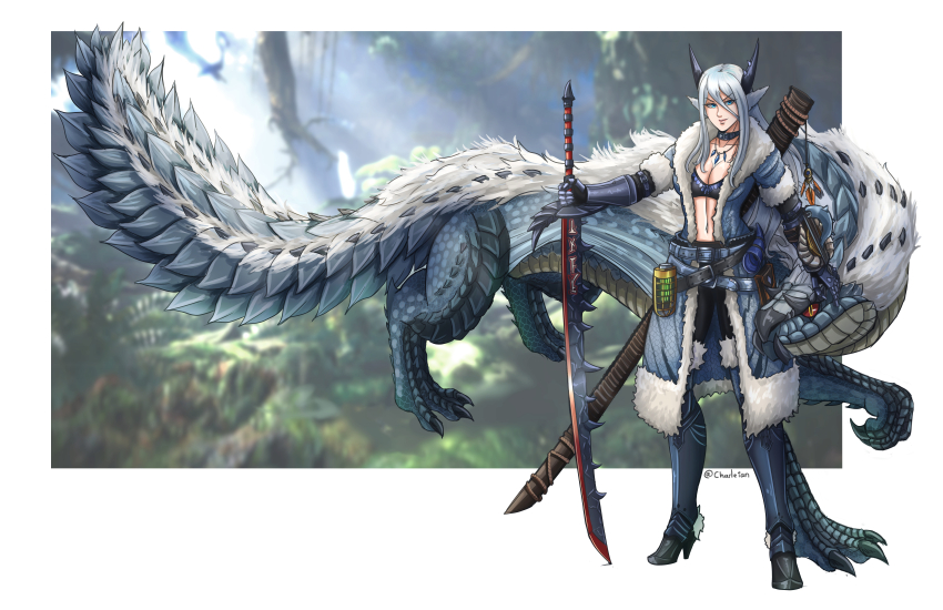 1girl absurdres armor blue_eyes bra charleian claws forest fur_trim gauntlets greaves highres holding holding_sword holding_weapon horns jewelry katana long_hair looking_at_viewer monster monster_hunter:_world monster_hunter_(series) nature necklace red_eyes scabbard scales sheath standing sword tail tobi-kadachi tobi-kadachi_(armor) underwear weapon white_hair