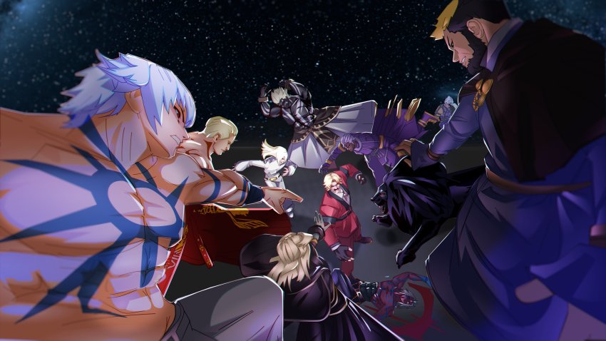 6+boys abs absurdres ardyyt1 bare_pectorals beard facial_hair fatal_fury geese_howard glaugan goenitz highres igniz_(kof) krizalid large_pectorals magaki_(kof) mature_male mukai_(kof) multiple_boys muscular muscular_male original_zero orochi_(kof) pectorals rugal_bernstein saiki sideburns sky snk star_(sky) starry_sky the_king_of_fighters the_king_of_fighters_&#039;94 the_king_of_fighters_&#039;97 the_king_of_fighters_2001 topless_male white_hair