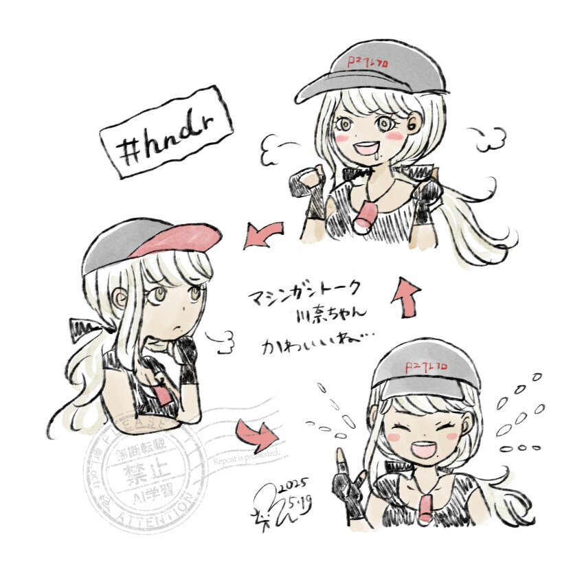 1girl 2025 arrow baseball_cap blonde_hair brown_eyes dark-skinned_female dark_skin female_focus hashtag hat highres japanese_text kawana_tsubasa multiple_views simple_background sketch the_hundred_line_-last_defense_academy- white_background