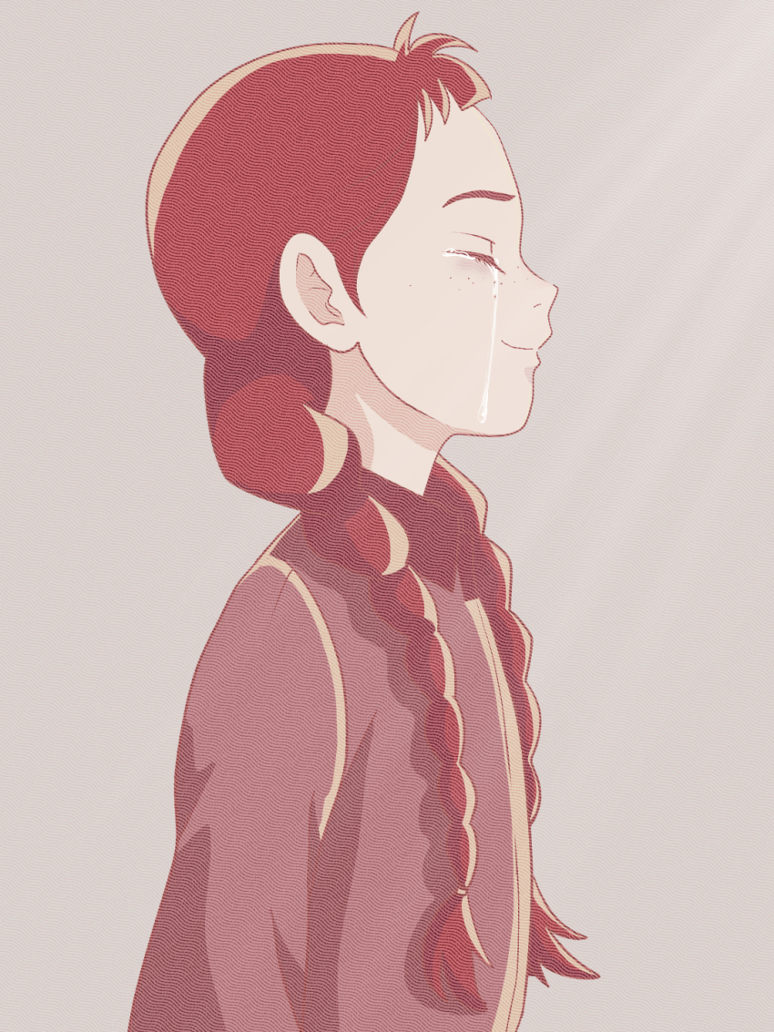 1girl a-king anne_of_green_gables anne_shirley braid braided_twintails closed_eyes closed_mouth collared_shirt cowboy_shot crying freckles highres long_hair long_sleeves low_twintails purple_background red_hair red_shirt shirt short_bangs smile solo standing tears twin_braids twintails