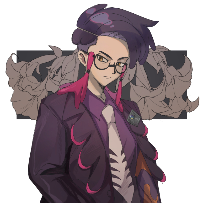 1boy black-framed_eyewear black_hair closed_mouth collared_shirt commentary_request corbeau_(pokemon) glasses highres jacket looking_down male_focus necktie nintendo open_clothes open_jacket pokemon pokemon_legends:_z-a purple_shirt shirt short_hair solo upper_body yellow_eyes yuta_(kogenun)