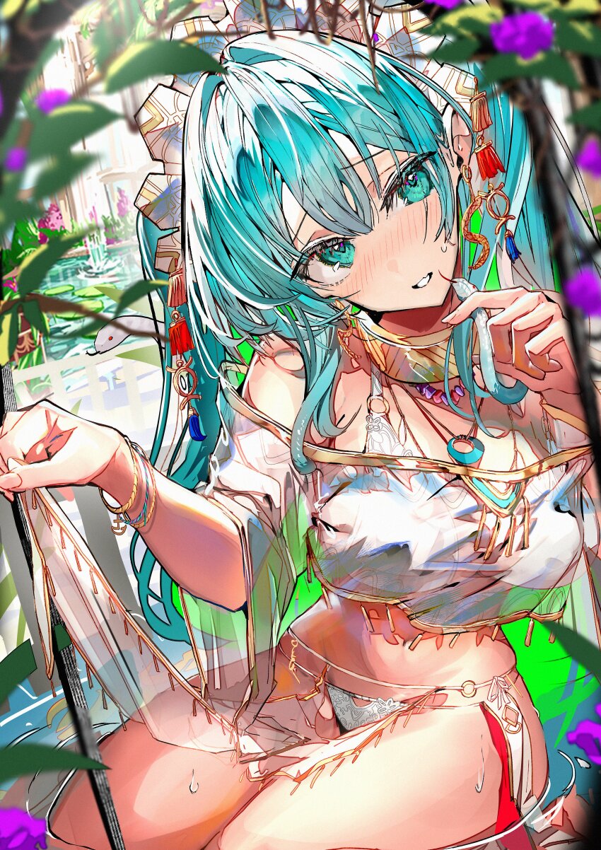 1girl absurdres aqua_eyes aqua_hair bare_shoulders blurry blush breasts commentary_request depth_of_field enj! flower hair_ornament hatsune_miku head_tilt highres large_breasts lifting_own_clothes long_hair o-ring outdoors panties parted_lips purple_flower sitting snake solo sweat thighs twintails underwear very_long_hair vocaloid white_panties