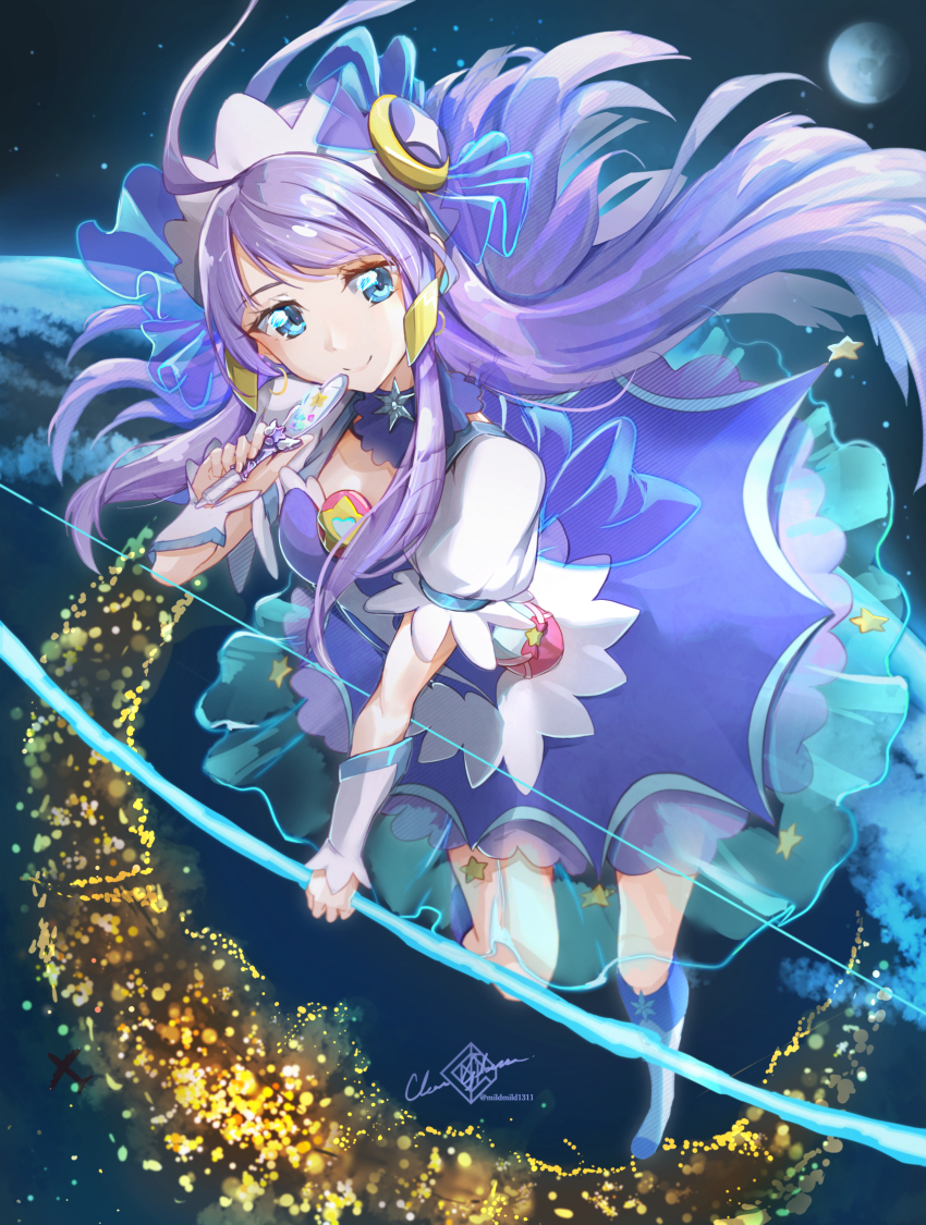 1girl ahoge blue_eyes boots bow_(weapon) choker clear_glass_(mildmild1311) commentary_request crescent crescent_earrings cure_selene dress earrings hair_ornament heart_pouch highres jewelry kaguya_madoka long_hair looking_at_viewer magical_girl precure puffy_sleeves purple_choker purple_dress purple_hair rainbow_skirt revision short_sleeves smile solo space star_(sky) star_(symbol) star_color_pen star_color_pendant star_hair_ornament star_twinkle_precure very_long_hair weapon