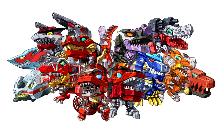 animification aqua_eyes bakuryuu_sentai_abaranger bakuryuu_tyrannosaurus copyright_request engine_sentai_go-onger green_eyes highres kaizoku_sentai_gokaiger kikai_sentai_zenkaiger kishiryu_sentai_ryusoulger korean_commentary kyouryuu_sentai_zyuranger mashin_sentai_kiramager mecha mecha_request mirai_sentai_timeranger no_humans open_hands open_mouth robot samurai_sentai_shinkenger science_fiction sharp_teeth shoulder_cannon shuriken_sentai_ninninger super_sentai taedu teeth tensou_sentai_goseiger tokusatsu trait_connection tyramigo white_background yellow_eyes zyuden_sentai_kyoryuger