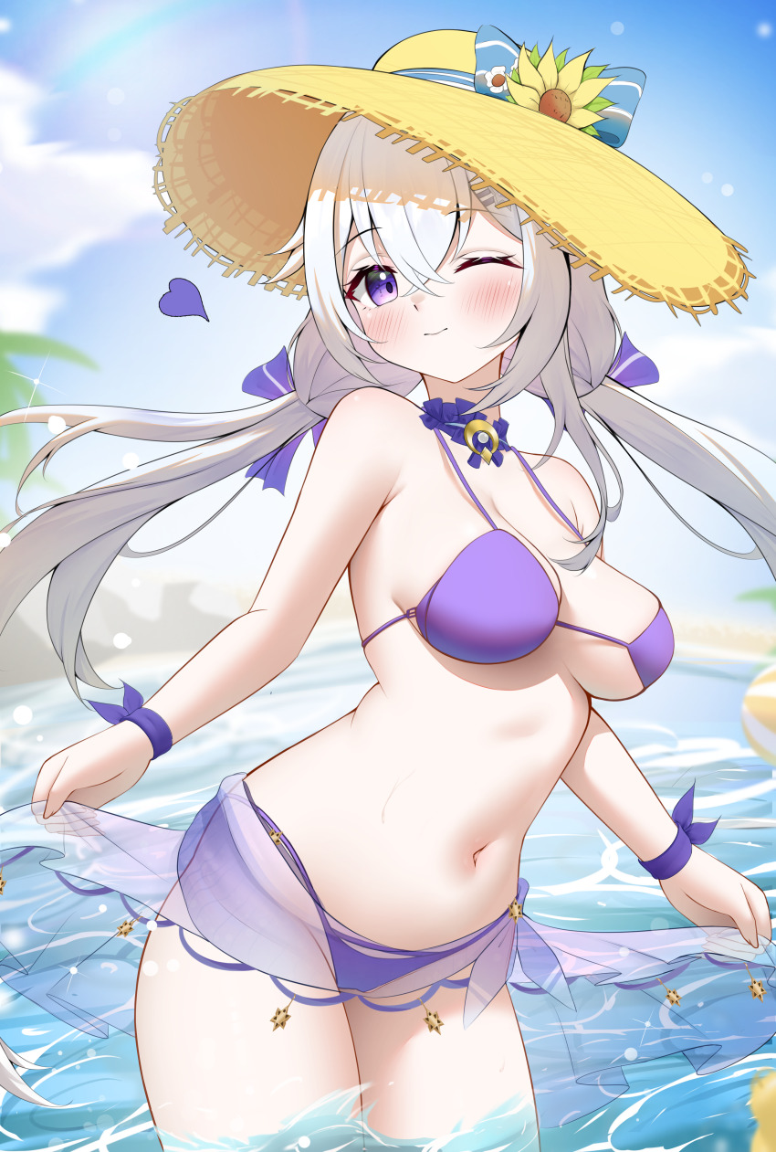 1girl absurdres bare_shoulders bikini blush breasts celestia_(strinova) detached_collar flower grey_hair hat hat_flower hat_ornament highres knosdeba large_breasts looking_at_viewer navel one_eye_closed outdoors purple_bikini sarong smile solo straw_hat strinova swimsuit twintails wading
