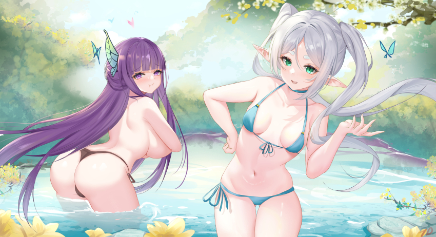2girls :i aqua_bikini ass bikini black_bikini breasts bug bush butterfly butterfly_hair_ornament collarbone covering_breasts covering_privates fern_(sousou_no_frieren) flower frieren green_eyes grey_hair hair_ornament highres insect large_breasts long_hair looking_at_viewer multiple_girls nanoda002_(saber427) navel outdoors pointy_ears pond pout purple_eyes purple_hair sidelocks small_breasts smile sousou_no_frieren swimsuit thick_eyebrows topless_female twintails very_long_hair wading
