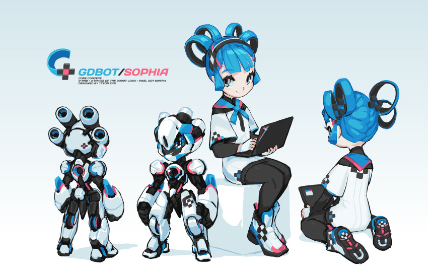 1boy 1girl 2021 absurdres black_leggings blue_hair child chinese_clothes chinese_commentary closed_mouth colored_shoe_soles commentary computer dress electric_hearts english_commentary fingerless_gloves from_behind gdbot gloves godot_(game_engine) grey_eyes hair_rings highres holding holding_laptop joints krita_(medium) laptop leggings looking_ahead looking_at_viewer multiple_views on_floor original reference_sheet robot robot_joints scarf shoe_soles shoes signature simple_background sitting sitting_on_object smile sneakers sophia_(gdquest) standing tight_clothes tsurime tyson_tan white_dress white_gloves