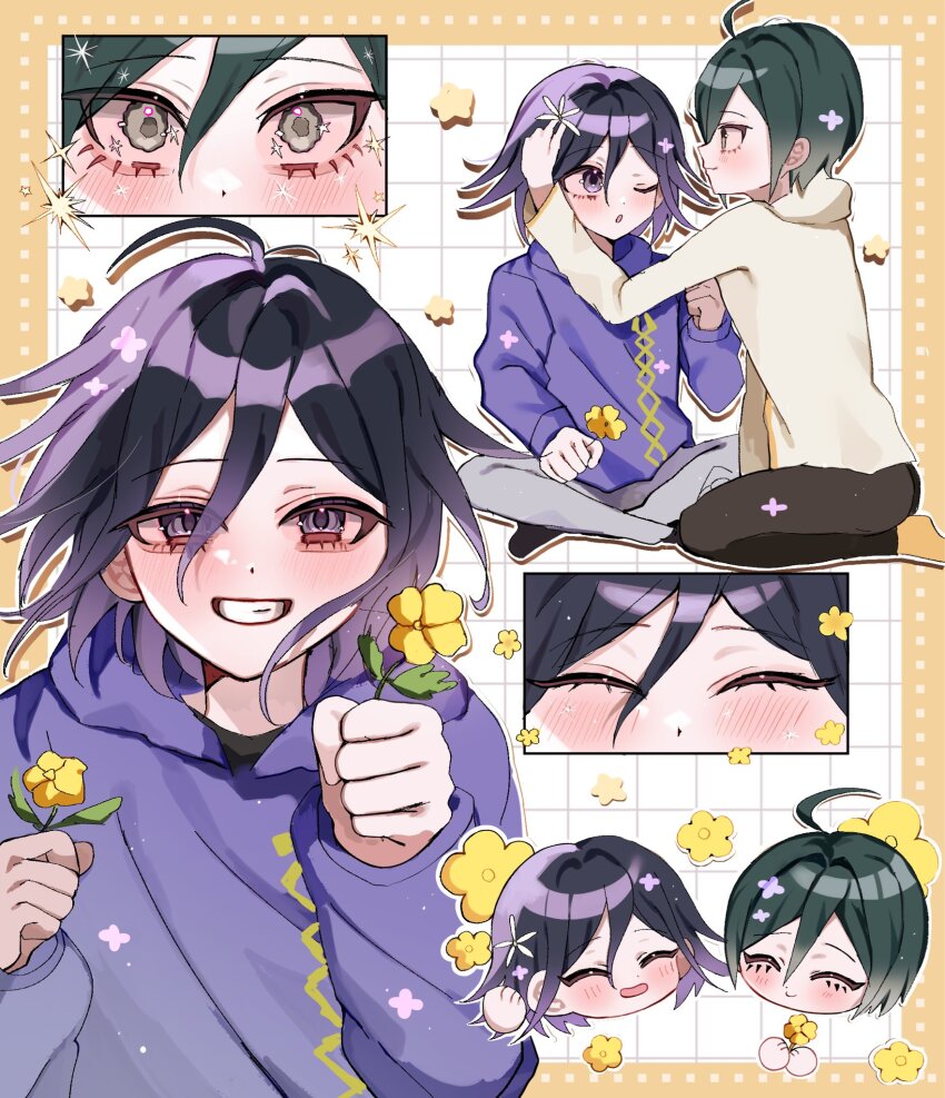 2boys ahoge alternate_costume black_hair black_pants blush brown_eyes commentary_request danganronpa_(series) danganronpa_v3:_killing_harmony flipped_hair flower grey_pants grin hair_ornament highres holding holding_flower hood hood_down hoodie looking_at_another male_focus multiple_boys oma_kokichi pants pink_hoodie saihara_shuichi short_hair smile sobacha teeth white_background yaoi yellow_flower