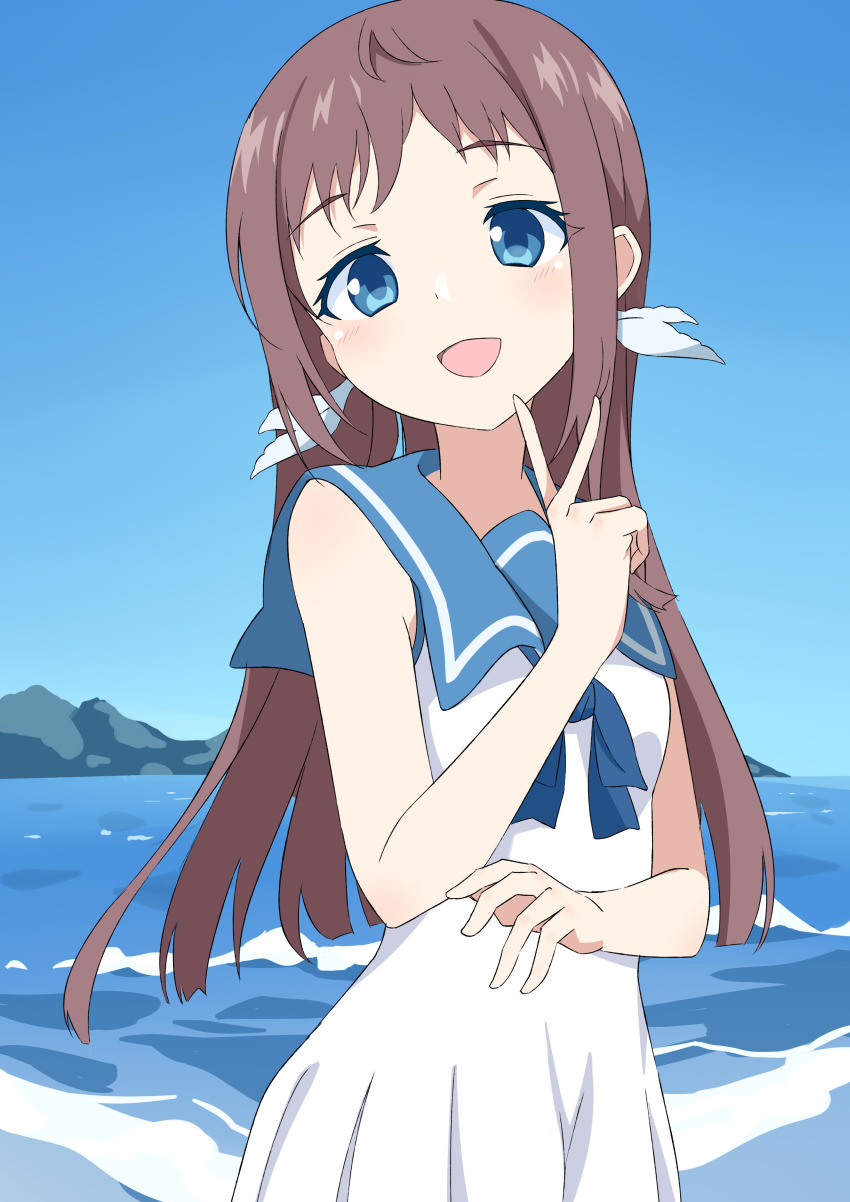 absurdres blue_eyes blue_sky brown_hair cloud cowboy_shot day dchifta dress highres long_hair looking_at_viewer mountain mukaido_manaka nagi_no_asukara nami_junior_high_school_uniform ocean outdoors sailor_dress school_uniform serafuku sky sleeveless sleeveless_dress smile v white_dress