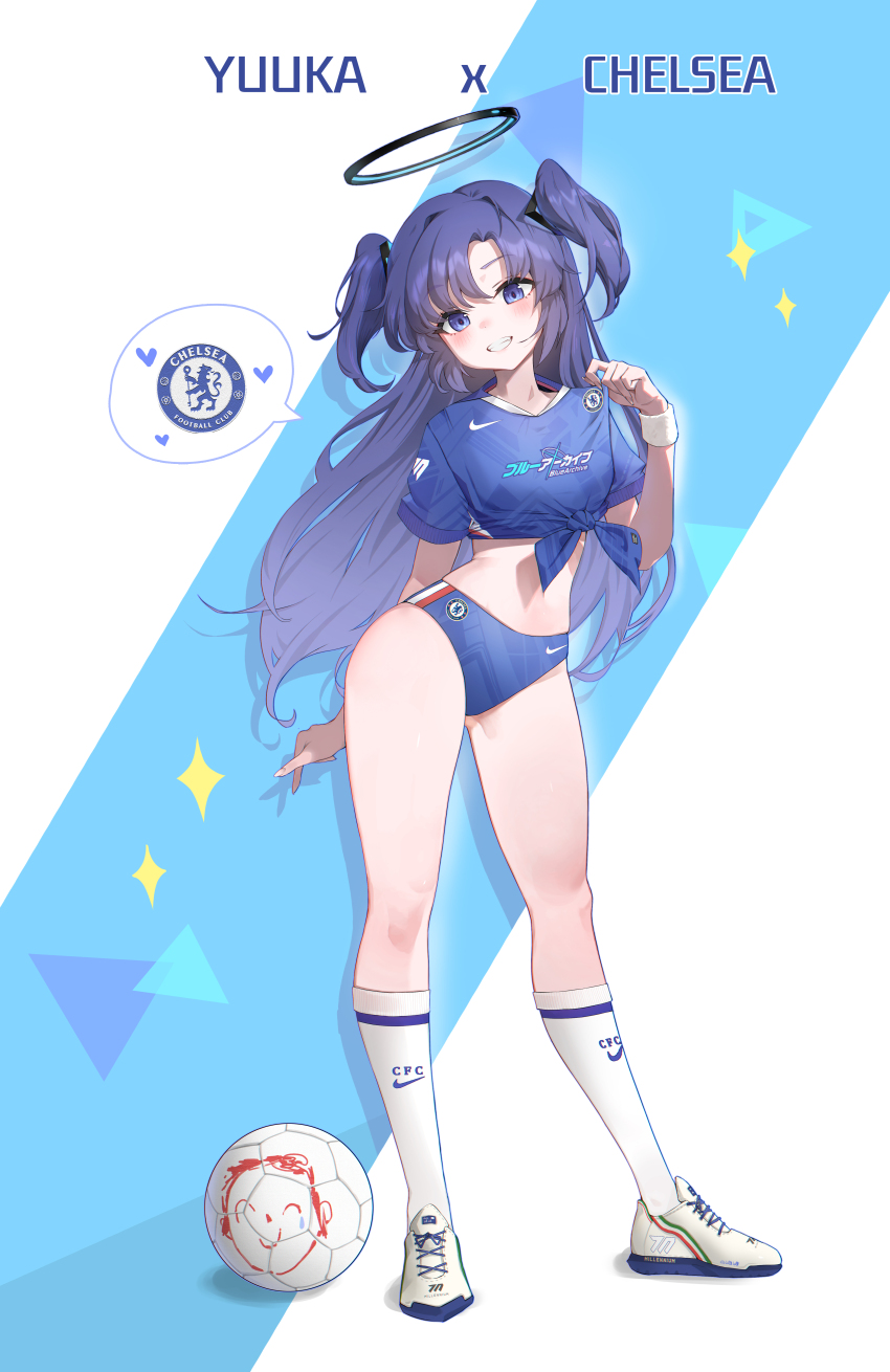 1girl absurdres alternate_costume ball black_halo blue_archive blue_buruma blue_shirt buruma chelsea_fc contrapposto doodle_sensei_(blue_archive) fathertrex front-tie_top full_body halo heart highres long_hair looking_at_viewer mechanical_halo nike_(company) purple_eyes purple_hair sensei_(blue_archive) shirt smile soccer_ball soccer_uniform socks solo spoken_heart sportswear two_side_up white_socks yuuka_(blue_archive)