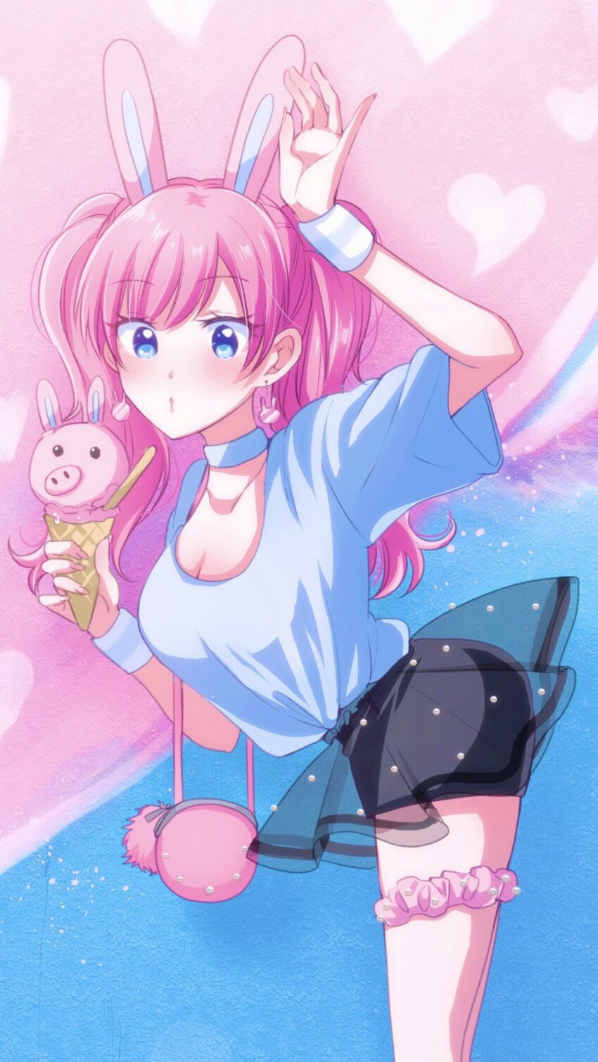 1girl animal_ears arm_up bag black_skirt blue_background blue_eyes blue_shirt blush breasts cleavage collarbone commentary cowboy_shot fake_animal_ears food from_side fuufu_ijou_koibito_miman. handbag heart heart_background highres holding holding_food holding_ice_cream ice_cream ice_cream_cone kanamaru_yuuki large_breasts layered_skirt leaning_forward long_hair looking_at_viewer parted_lips pink_background pink_hair pink_scrunchie rabbit_ears scrunchie see-through_clothes see-through_skirt shirt shirt_tucked_in skirt solo standing symbol-only_commentary thigh_scrunchie twintails two-tone_background watanabe_akari wristband
