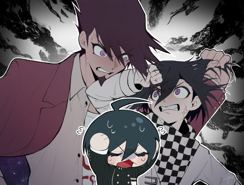 3boys ahoge anger_vein angry black_hair black_jacket buttons checkered_clothes checkered_scarf chibi collared_jacket commentary danganronpa_(series) danganronpa_v3:_killing_harmony facial_hair fighting flipped_hair gaba33 goatee grabbing_another&#039;s_hair hair_between_eyes height_difference highres jacket long_sleeves male_focus momota_kaito multiple_boys oma_kokichi open_clothes open_mouth outline purple_eyes purple_facial_hair purple_hair saihara_shuichi scarf shirt short_hair spiked_hair striped_clothes striped_jacket sweatdrop symbol-only_commentary teeth two-tone_scarf white_outline white_shirt