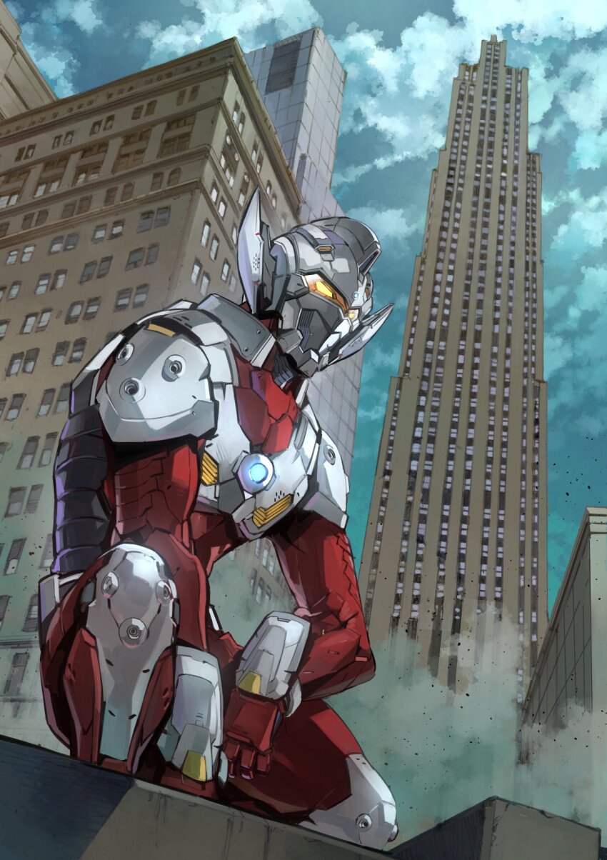 1boy alien alternate_universe armor boots building city cityscape color_timer forehead_jewel gloves glowing glowing_eyes helmet highres horns looking_at_viewer male_focus outdoors power_armor power_gloves science_fiction shimizu_eiichi shimoguchi_tomohiro sky skyscraper solo taiga_spark tokusatsu ultra_bracelet ultra_series ultra_sign ultraman_(hero&#039;s_comics) ultraman_suit_(hero&#039;s_comics) ultraman_tarou ultraman_tarou_(series) yellow_eyes