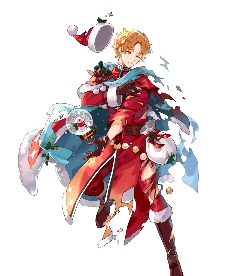 1boy artur_(fire_emblem) artur_(silver_saint)_(fire_emblem) boots brown_footwear brown_gloves cape christmas coat fire_emblem fire_emblem:_the_sacred_stones fire_emblem_heroes floating floating_object fur-trimmed_cape fur-trimmed_sleeves fur_trim gloves hat highres leather leather_belt leather_boots leather_gloves nintendo official_alternate_costume official_art orange_hair red_coat red_eyes sack santa_hat short_hair snow_globe third-party_source tobi_(kotetsu) toy white_fur