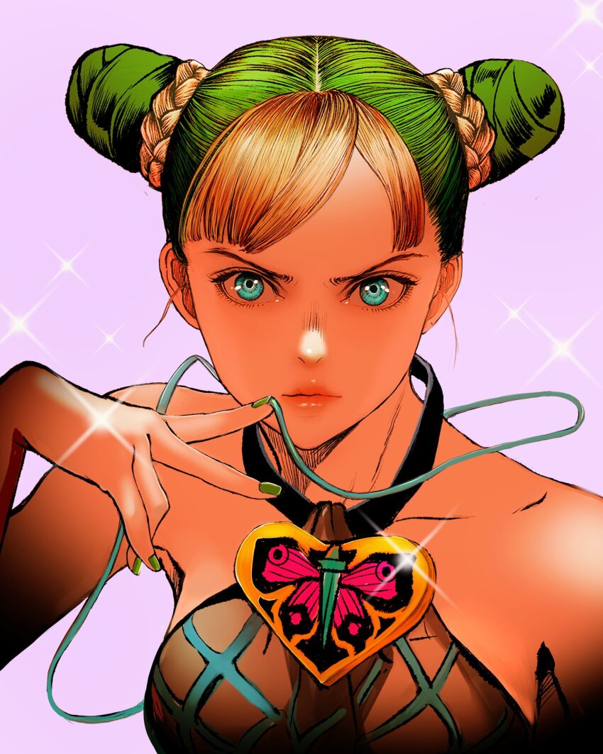 1girl alternate_hair_color alternate_hairstyle aqua_eyes bare_shoulders berserk blonde_hair blue_eyes braid breasts brooch cosplay double_bun farnese_(berserk) fishnet_top fishnets green_hair green_nails grey_background hair_bun halterneck hand_up heart heart_brooch highres jewelry jojo_no_kimyou_na_bouken kujo_jolyne_(cosplay) kuujou_jolyne looking_at_viewer multicolored_hair nail_polish nisino2222 sleeveless solo sparkle stone_ocean streaked_hair string two-tone_hair updo upper_body