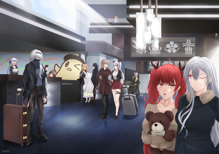 6+girls alabama_(azur_lane) azur_lane baltimore_(azur_lane) belt black_boots black_hair black_hairband black_jacket black_pantyhose black_shoes blonde_hair boots breasts brooklyn_(azur_lane) brown_coat brown_hair brown_sweater cellphone character_request cleavage cleveland_(azur_lane) coat colorado_(azur_lane) dark-skinned_female dark_skin eagle_union_(emblem) essex_(azur_lane) eyewear_on_head full_body fur_trim green_jacket green_legwear green_shorts hair_between_eyes hair_ornament hair_over_one_eye hairband highres holding holding_paper holding_toy honolulu_(azur_lane) horns indoors iris_libre_(emblem) iron_blood_(emblem) jacket jean_bart_(azur_lane) large_breasts le_malin_(azur_lane) long_hair long_sleeves looking_down luggage manjuu_(azur_lane) multiple_girls noshiro_(azur_lane) oni_horns open_clothes open_jacket open_mouth pantyhose paper phone prinz_eugen_(azur_lane) purple_hair red_eyes red_hair red_neckwear red_skirt rolling_suitcase royal_navy_emblem_(azur_lane) sakura_empire_(emblem) sardegna_empire_(emblem) shoes short_hair shorts sitting skirt sleeping smartphone sovetskaya_rossiya_(azur_lane) suitcase sunglasses sweater syn_(synstyle) thigh_strap thighhighs tiptoes toy twintails very_long_hair vichya_dominion_(emblem) white_hair zettai_ryouiki
