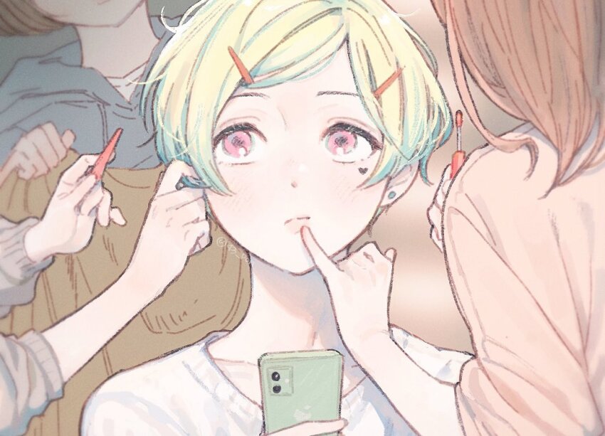 1boy 3girls 43_pon applying_makeup bad_id bad_twitter_id blonde_hair blue_hoodie brown_hair cellphone character_request commentary_request cosmetics hair_ornament hairclip hanazono_momohito hand_up hands_up holding holding_lipstick_tube holding_phone hood hood_down hoodie idolmaster idolmaster_side-m idolmaster_side-m_growing_stars lipstick_tube long_sleeves looking_to_the_side multiple_girls out_of_frame phone pink_eyes pinky_out shirt short_hair smartphone swept_bangs upper_body white_shirt