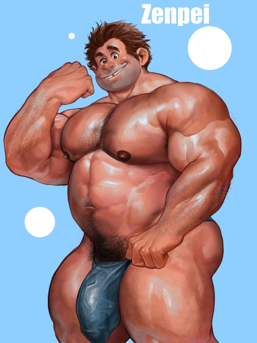 1boy abs bara beard_stubble belly biceps briefs brown_hair clenched_hand covered_penis cowboy_shot facial_hair flexing girthy_penis hairy highres large_pectorals looking_at_viewer male_focus male_pubic_hair male_underwear mature_male missing_tooth muscular muscular_male navel navel_hair nipples pectorals penis pubic_hair raised_eyebrow sanpaku seductive_smile smile solo sparse_chest_hair sparse_leg_hair standing stomach strongman_waist stubble tareme thick_arm_hair thick_eyebrows thick_navel_hair thick_thighs thighs topless_male uncensored underwear wreck-it_ralph wreck-it_ralph_(character) zenpei