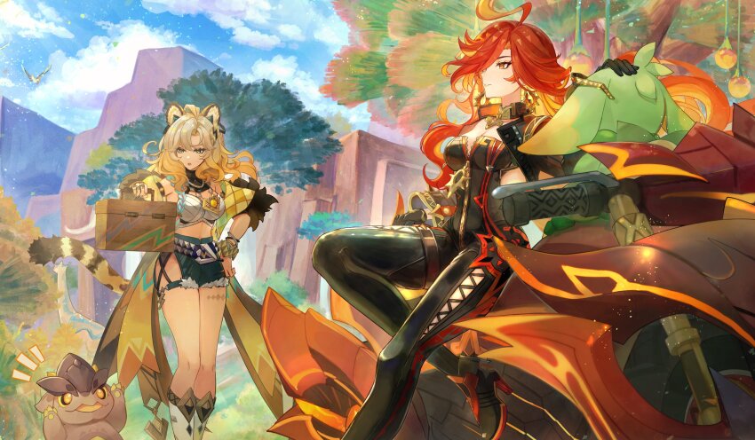 2girls :o absurdres ahoge animal_ears biker_clothes bikesuit black_bodysuit blonde_hair blue_shorts bodysuit breasts colored_inner_hair commentary crop_top cutoffs day denim denim_shorts english_commentary genshin_impact geo_symbol_(genshin_impact) green_eyes highres holding jaguar_ears large_breasts long_hair mavuika_(genshin_impact) midriff motor_vehicle motorcycle multicolored_hair multiple_girls on_motorcycle orange_hair outdoors parted_lips red_eyes red_hair second-party_source short_shorts shorts sitting standing symbol_in_eye tepetlisaurus_(genshin_impact) tgf_pic very_long_hair vision_(genshin_impact) xilonen_(genshin_impact) yumkasaurus_(genshin_impact)