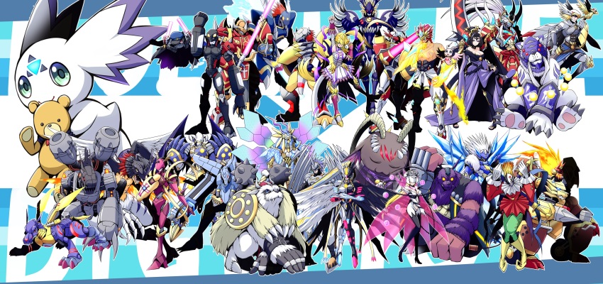 4girls 6+boys absurdres baihumon banchomamemon belphemon belphemon_sleep_mode callismon chimairamon culumon darkdramon digimon dukemon dynasmon eosmon_ultimate gaioumon gaioumon_itto_mode gankoomon gankoomon_x-antibody gun heavyleomon hexeblaumon hiandromon highres horns kaiserleomon knight lilithmon lion lordknightmon lovelyangemon magnagarurumon marinangemon mastemon metalgarurumon mugendramon multiple_boys multiple_girls neovamdemon piemon rosemon rosemon_burst_mode shield slashangemon valkyrimon vikemon wargreymon weapon