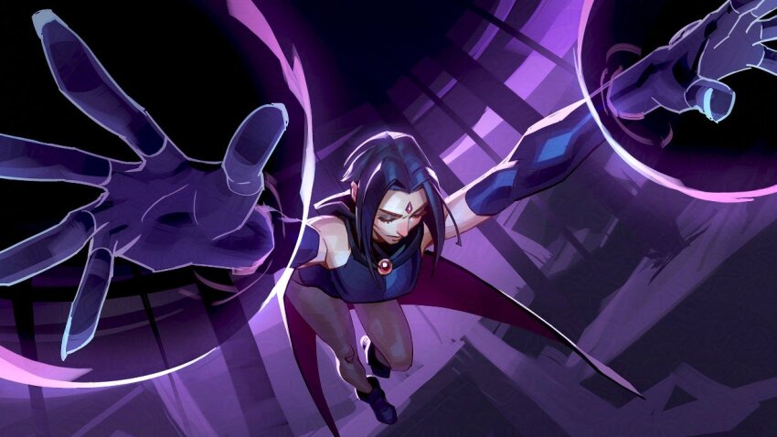 1girl arms_up boots cape commentary dc_comics elbow_gloves eyeshadow forehead_jewel full_body gloves jeremy_anninos leotard makeup medium_hair purple_theme raven_(dc) sidelocks sleeveless solo superhero_costume teen_titans