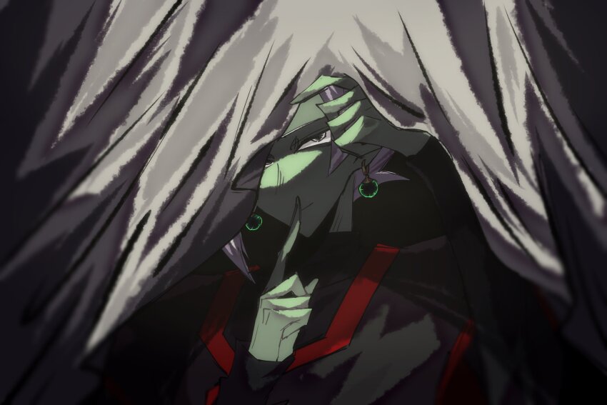 1boy black_bodysuit bodysuit colored_skin curtains dragon_ball dragon_ball_super earrings finger_to_mouth fused_zamasu green_skin grey_eyes highres jewelry long_sleeves looking_at_viewer pointy_ears potara_earrings shushing solo spiked_hair v621 white_hair